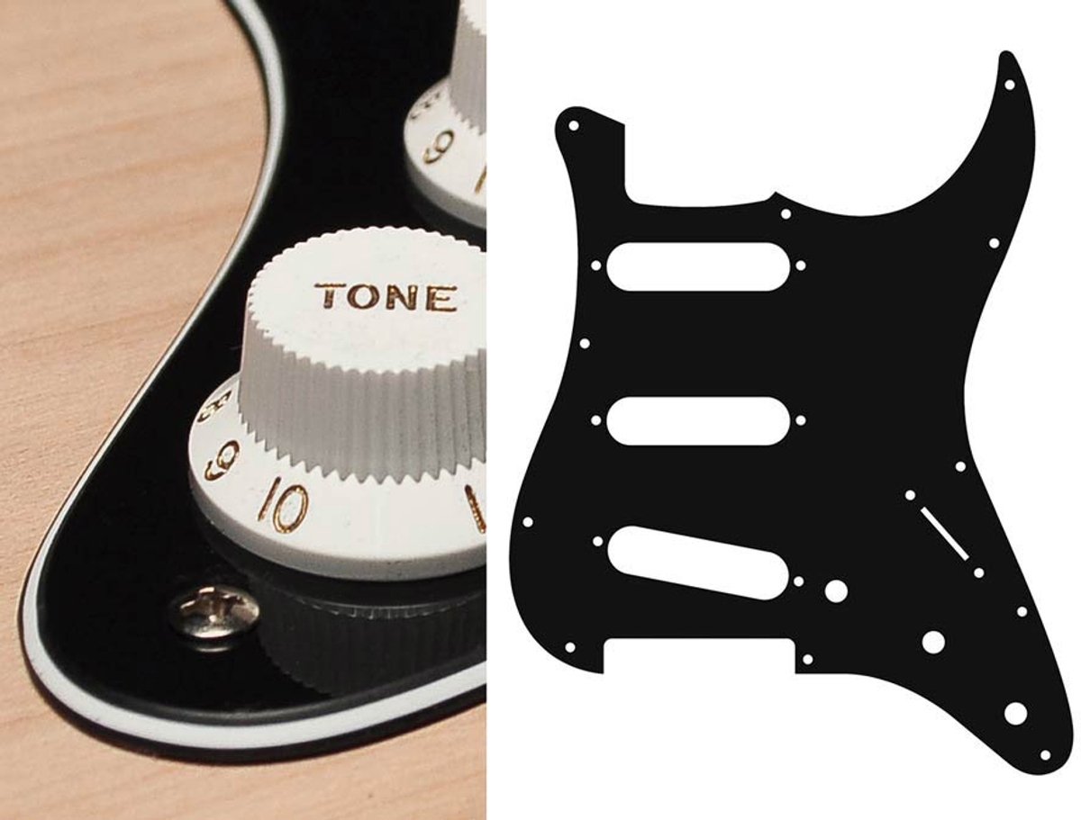Boston ST-313-B pickguard, Stallion, standard, SSS, 3 pot holes, 3-5 switch, 3 ply, black