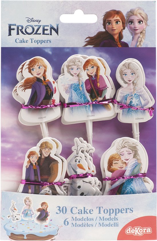 Verpakking met 30 Frozen taarttoppers met Anna, Elsa, Kristoff, Sven en Olaf.