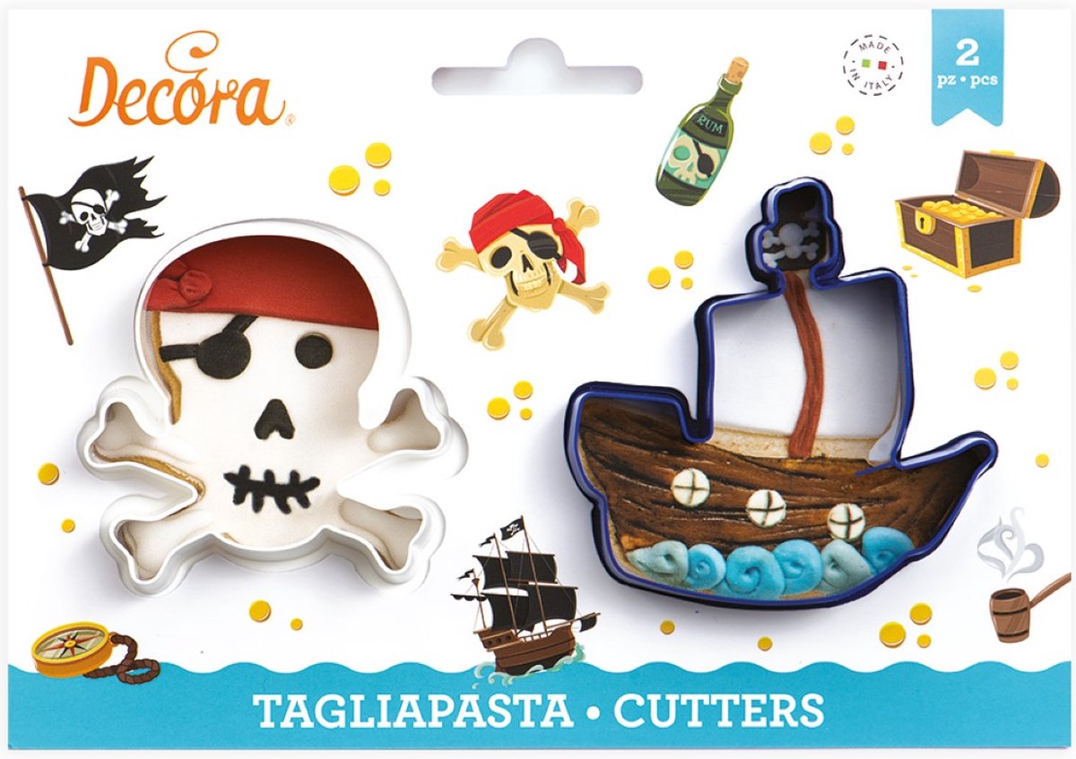 Decora Koekjesuitsteker Plastic - Piraten schedel en Boot pk/2