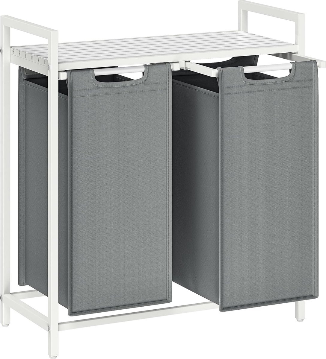 Goedkoopste FurnStar - Wasmand - Wasmand met 2 compartimenten - Uittrekbare en verwijderbare waszakken - Wassorteerder - Plank - Metalen frame - 2 x 46L - 73 x 33 x 72 cm - Wit en lichtgrijs