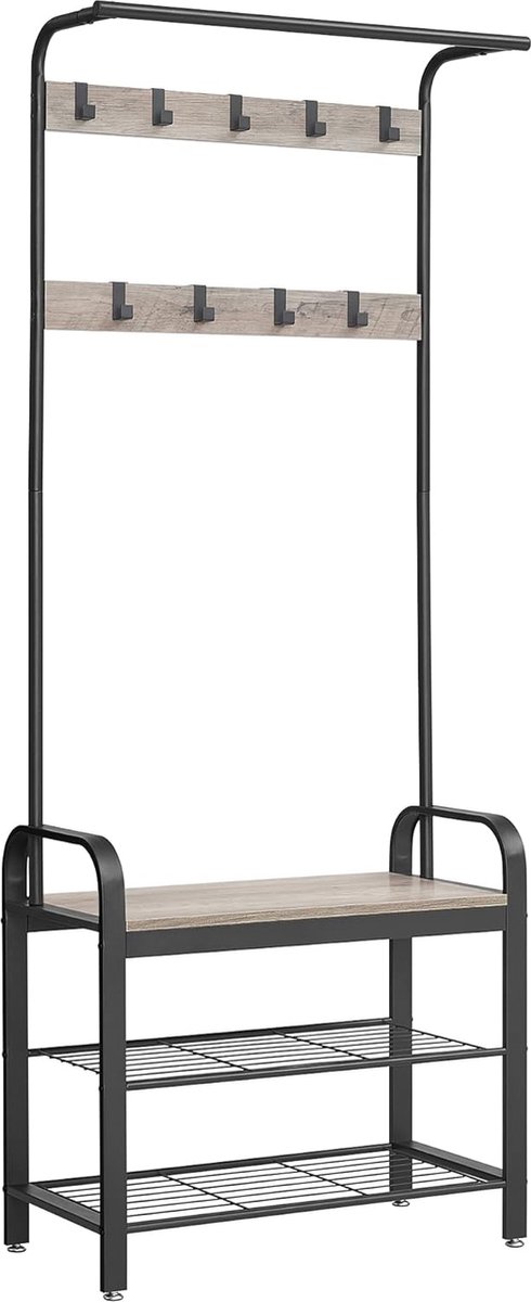 FurnStar - Kapstok - Kapstok met Schoenenopbergbank - 4 in 1 Design - met 9 Afneembare Haken - Een Kledingroede - Voor Hal - Entree - 33,7 x 72 x 183 cm - Industrieel - Zwart