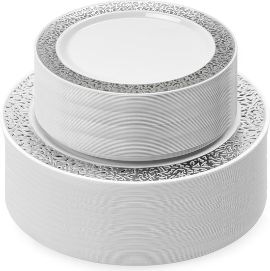 MATANA - 120 Set Assiettes en Plastique Réutilisables avec Bord en Dentelle Argentée - Comprend 60 Assiettes Assiettes (26 cm) et 60 Assiettes à Dessert (19 cm) - pour Mariages, Anniversaires, Baptêmes, Noël et Célébrations