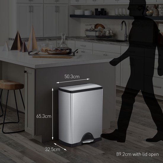 Afmetingen van een RVS pedaalemmer (50L) in een keuken met een figuur ernaast.