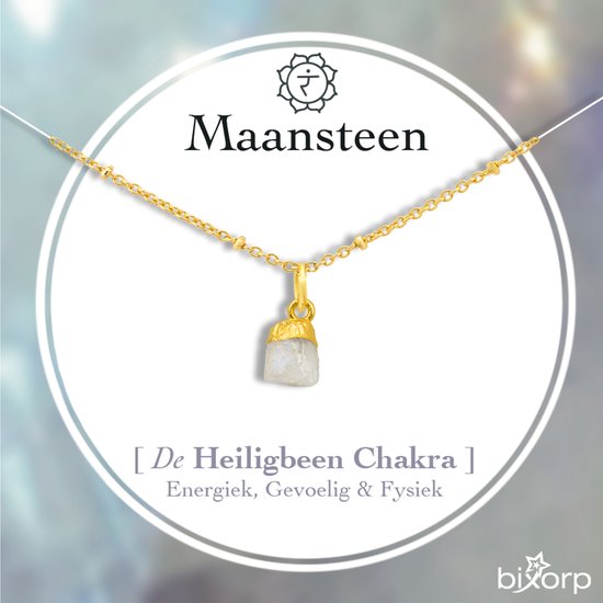 Bixorp Maansteen Chakra Ketting - Goud Vergulden Roestvrij Staal - Ruwe Edelsteen Hanger - 36cm + 8cm verstelbaar