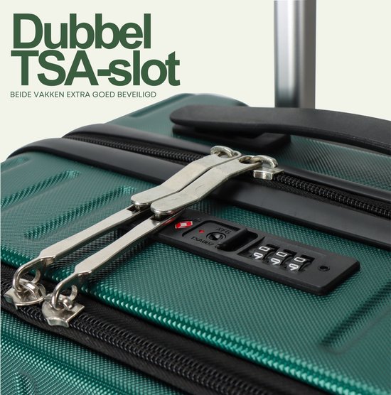 Donkergroene handbagage koffer met dubbel TSA-slot en ritssluitingen.