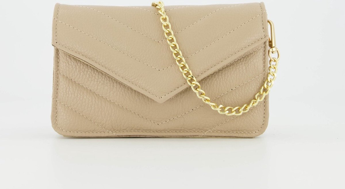 Klein leren crossbody / schoudertasje met gouden details taupe - Laurie