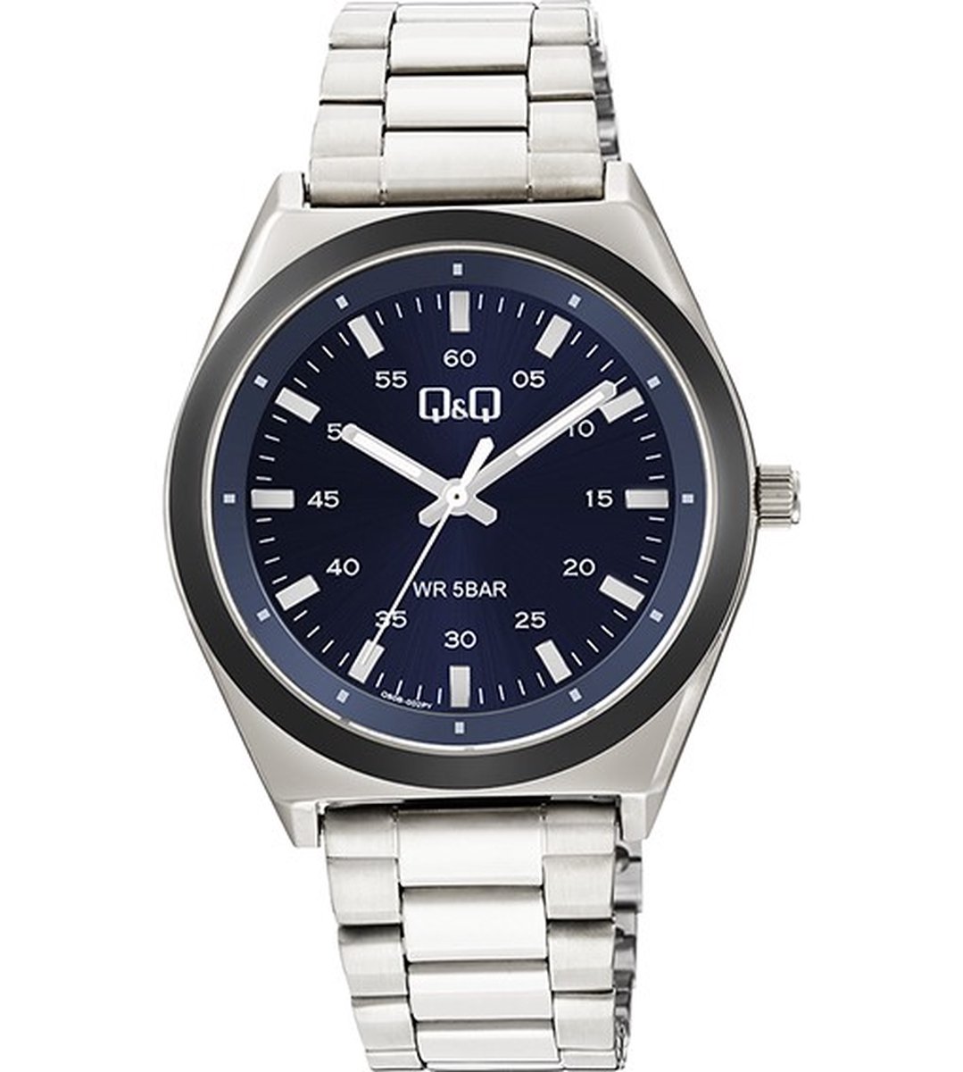 QQ Q80B-002PY - Horloge - Polshorloge - Analoog - Heren - Mannen - stalen band - Metaal - Overig - Cijfers - Zilverkleurig - DonkerGrijs - DonkerBlauw