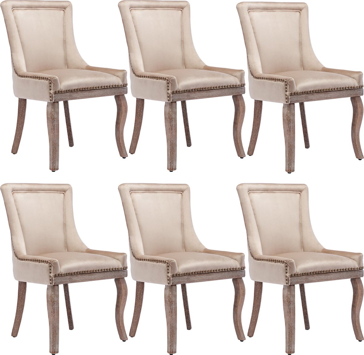 Merax Luxe Eetkamerstoelen Set van 6 - Beige Velvet Stoelen met Nagelkopdecoratie