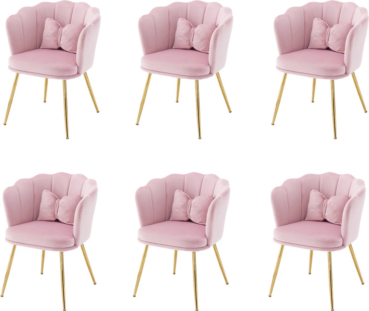 Merax Stoelen Set van 6 met Vlinderkussen – Bloemvorm Rug – Roze met Gouden Poten