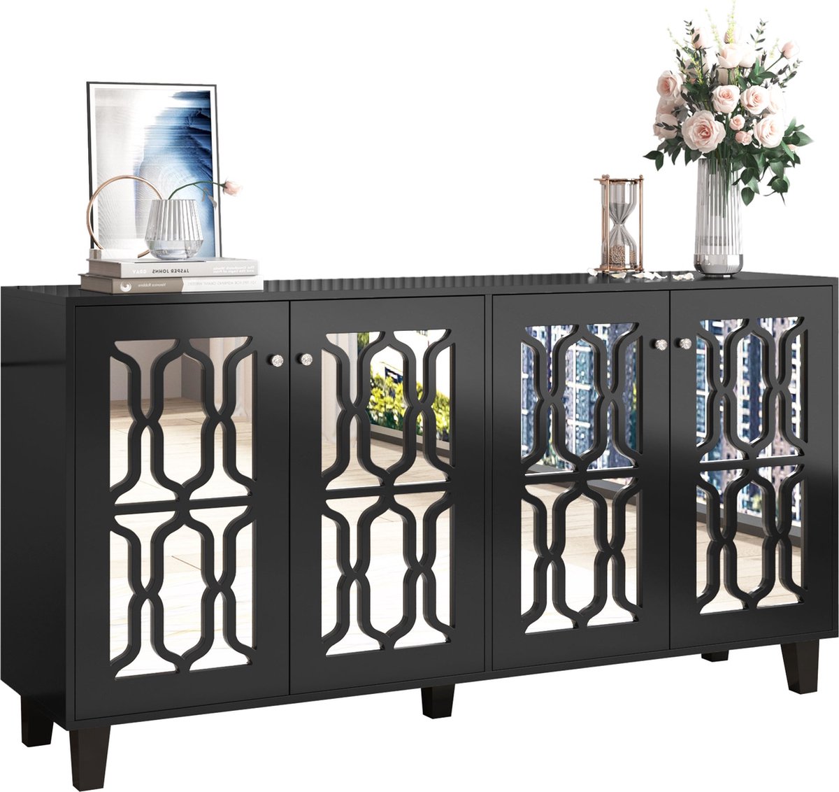 Merax Dressoir 160 cm – 4 Spiegeldeuren en Kristalknoppen – Zwart