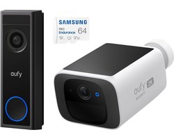eufy C30 2K Draadloze Video Deurbel 2K FHD – Accu Zwart + SAMSUNG MicroSDXC 64GB PRO + Eufy S220 SoloCam 2K Draadloze Solar Beveiligingscamera – Bundel