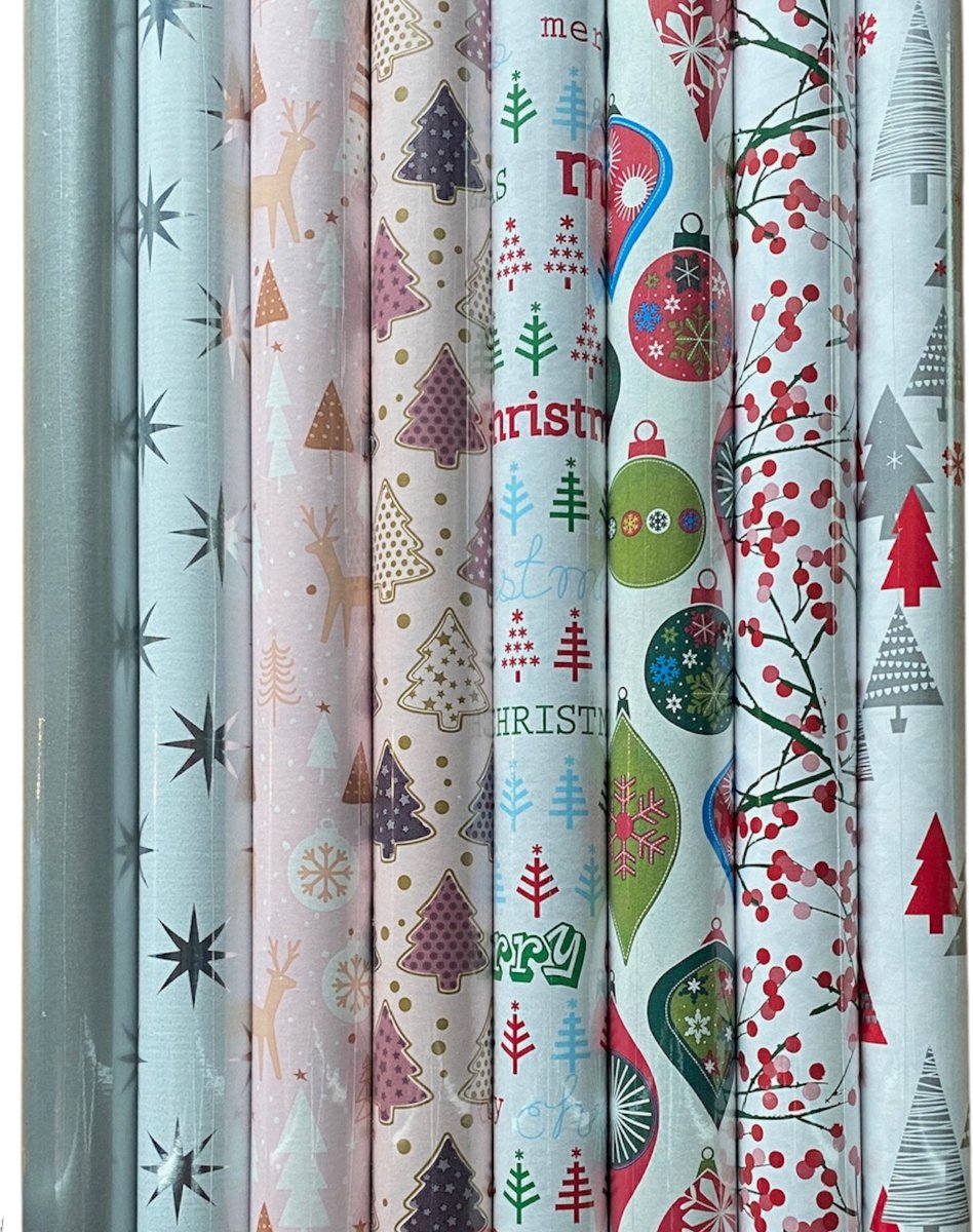FESTIVE GIFTS Inpakpapier - Cadeaupapier - 300 x 70cm - 8 rollen - Kerst - Luxe Cadeauverpakking - Kleurrijk