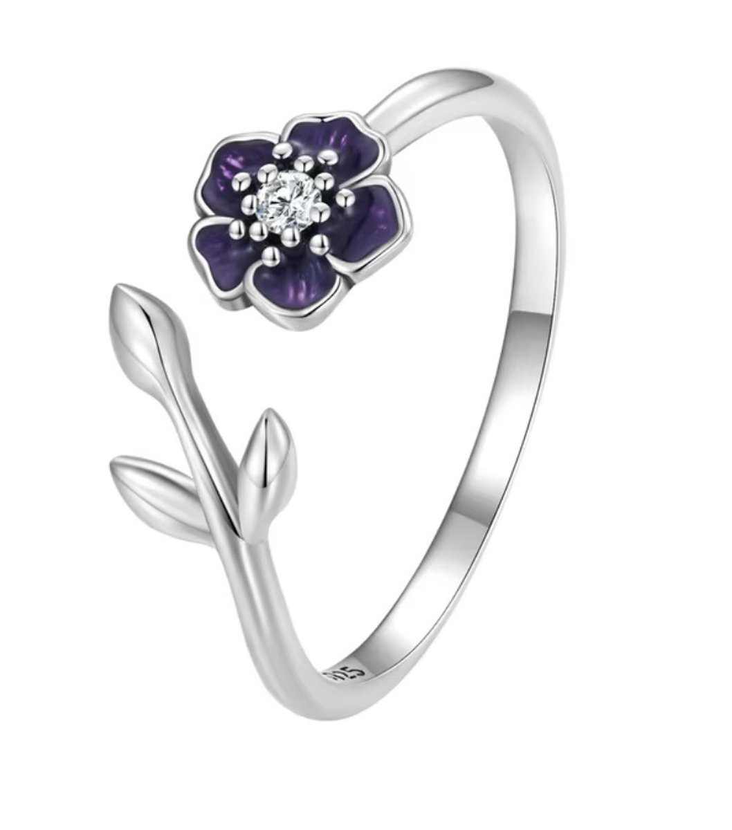 N3 Collecties Vintage zwarte bloem aanpasbare zilveren ring