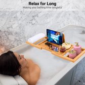 ADOV Badlade, uitschuifbare luxe home spa natuurlijke bamboe houten badkuip plank plank met ingebouwde houder voor boek iPad telefoon glazen kaars, verstelbare bad Caddy Bridge past