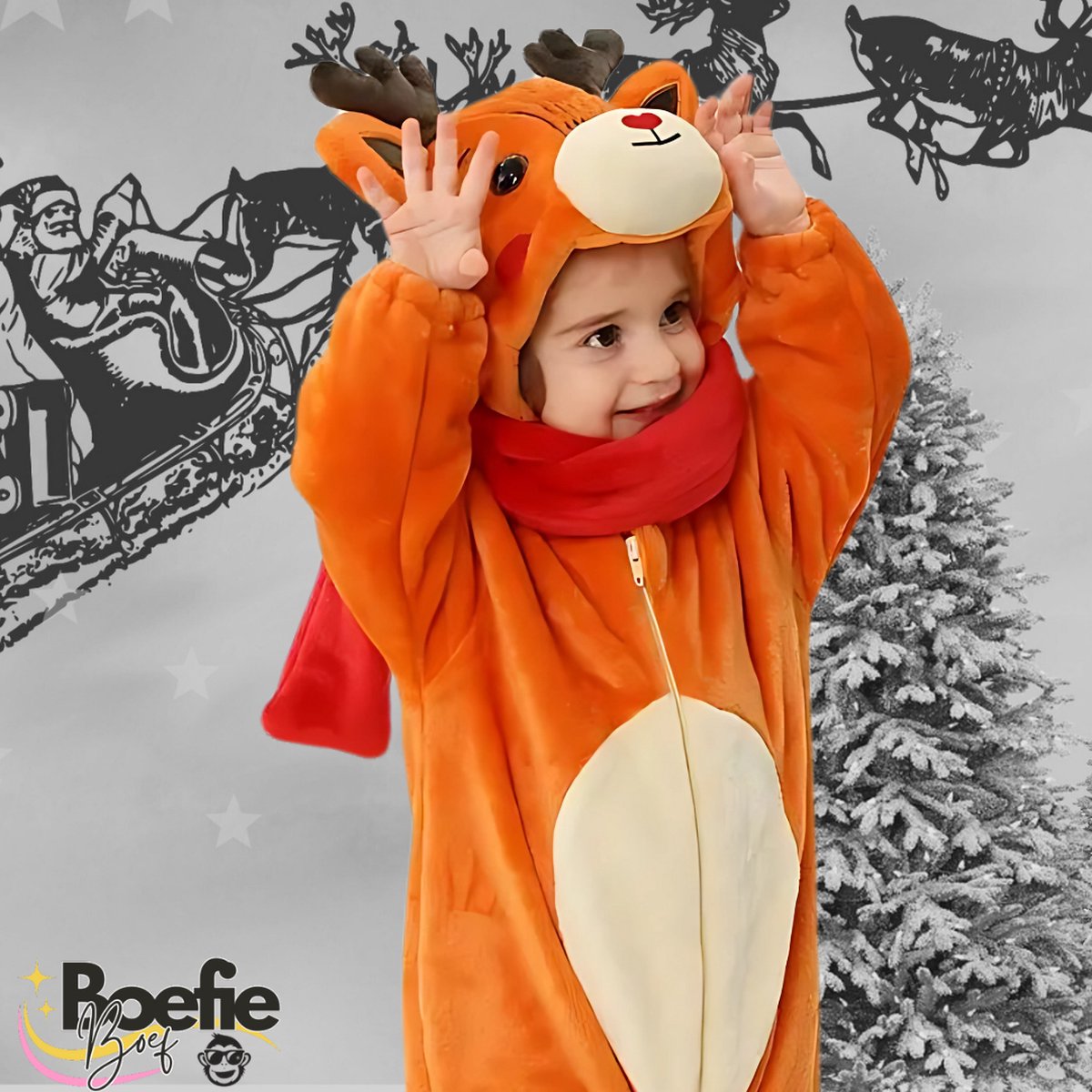 BoefieBoef Dieren Kleuter Onesie Peuter Pyjama Kinderen – Verkleedkleding met Luierrits – Carnaval Dierenpak - Kerst en Kraamcadeau - Zacht Flanel - Baby Kerst - Boxpak - Jongen - Meisje - Kruippak - Winterpak - Hert - rendier - bruin — afbeelding 8