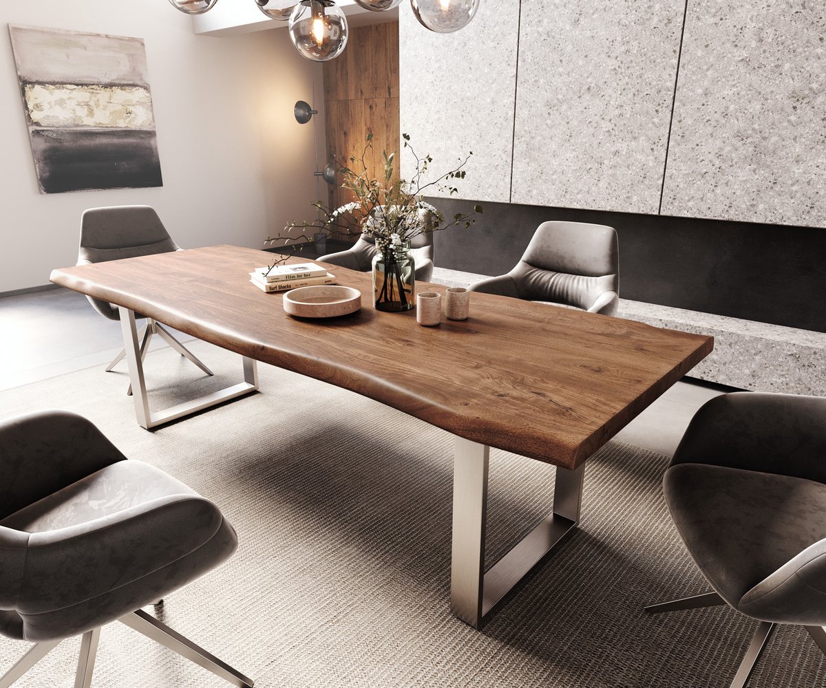 Eettafel Edge acacia bruin 260x100 XL edelstaal smal Live-Edge