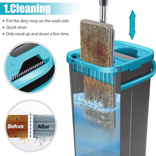 Microvezel Dweil Met Emmer En Zelfwassysteem MASTERTOP Dweilset Met Emmer En Zelfwringfunctie – Handig Schoonmaken Zonder Knieënwerk! Vileda H2pro Flat Mop