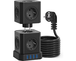 Voomy Toren Cube Stekkerdoos - 4 USB Poorten en Schakelaar - Powercube - 10 Stopcontacten - Overspanningsbeveiliging - Zwart