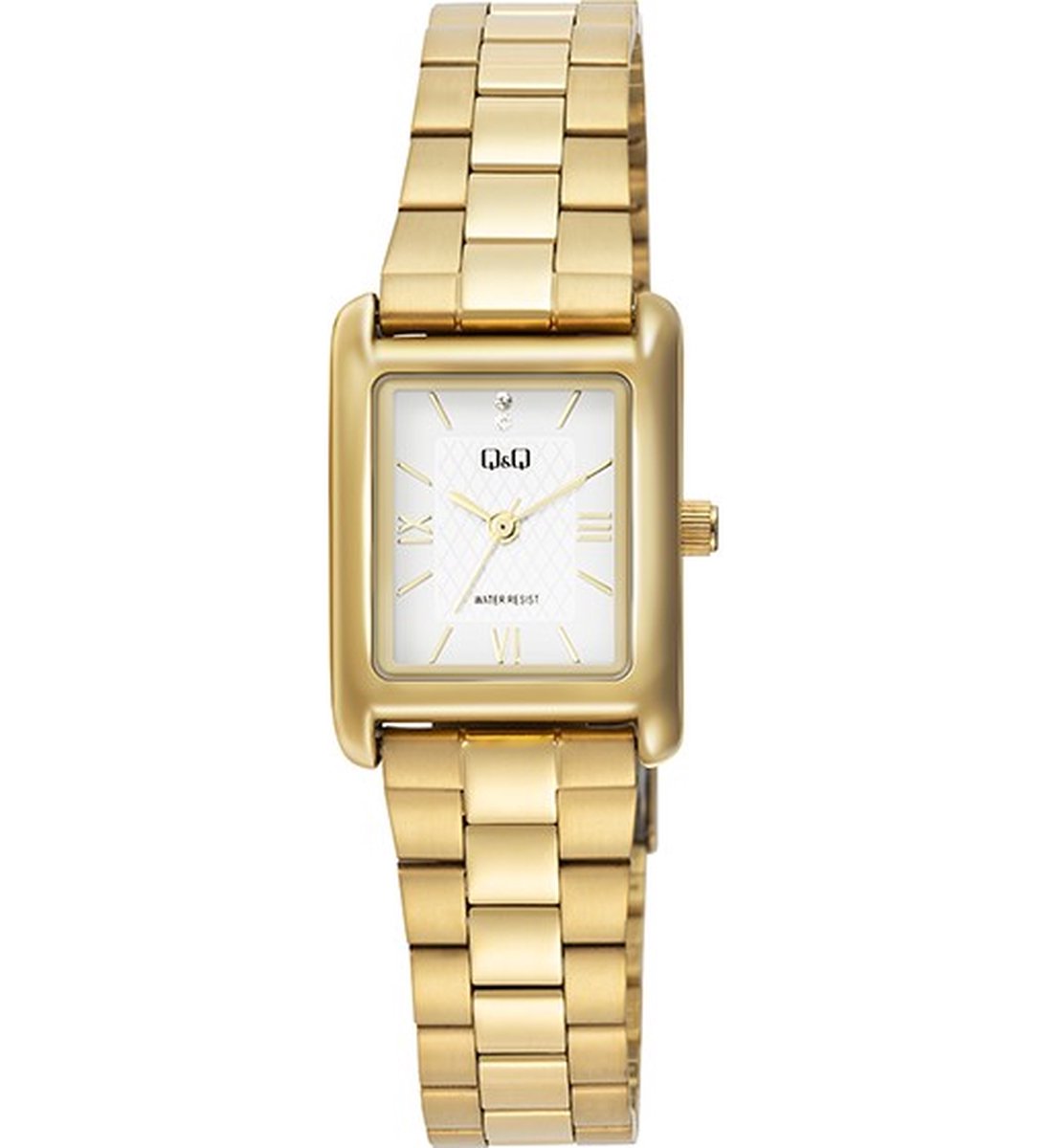 Q&Q C69A-008PY - Horloge - Polshorloge - Analoog - Dames - Vrouwen - Stalen band - Rechthoek - Metaal - Streepjes - Romeinse Cijfers - Goudkleurig - Wit