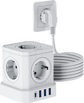 Voomy Cube 5M Stekkerdoos met USB-C 20W Snellader - Met Schakelaar - 5 Stopcontacten - 4 USB Poorten - Powercube - 5 Meter Verlengsnoer - Wit