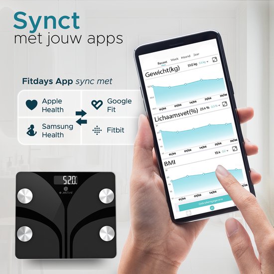 e.volve S5 Weegschaal Personenweegschaal Digitaal - Slimme Weegschaal met 20x Lichaamsanalyse - Digitale Weegschaal - Incl. App - Zwart