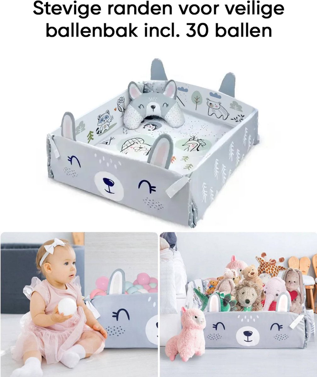 Multifunctioneel Speelkleed Baby + Buikligtrainer - Babygym met AANPASBARE WANDEN - Speelmat met Boog - Incl. 20 Ballen + 5 Speeltjes - Vanaf 0m+ — afbeelding 6