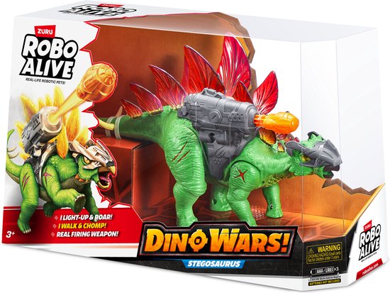 Verpakking van de Robo Alive Dino Wars Stegosaurus, met de dinosaurus met schietend kanon.