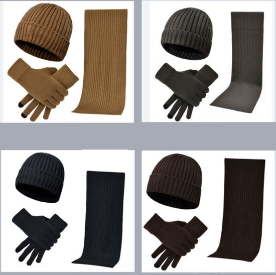Set d'hiver unisexe 3 pièces avec bonnet, écharpe, Gants tricotés chauds pour écran tactile, chaleur épaisse pour le Camping, la Marche , le Vélo et le ski - Gris clair - 38 x 28 x 4