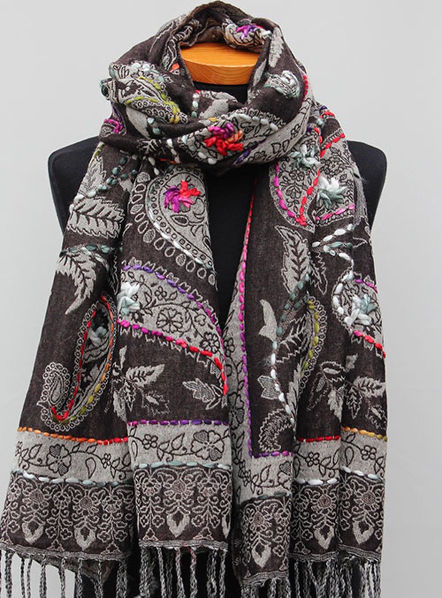 Wollen geborduurde sjaal en omslagdoek Donkerbruin-Paisley, Merino wol, 72 * 190 cm