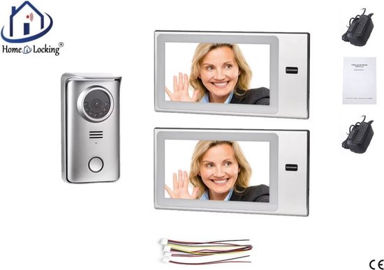 Zilverkleurige deurbel met twee binnenpanelen waarop een vrouw lacht. Inclusief handleiding en kabels.