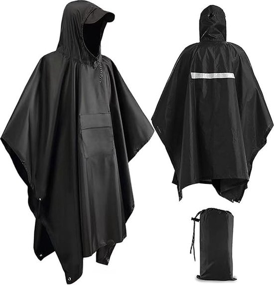 1 stuk zwarte regenjas - Poncho - Reflecterende poncho - Fietsponcho - Poncho met capuchon - Opvouwbare lange regenjas met zakken - Met reflecterende strips - Dames en Heren - Waterdicht - Zwart - Geschikt voor wandelen, kamperen en noodgevallen
