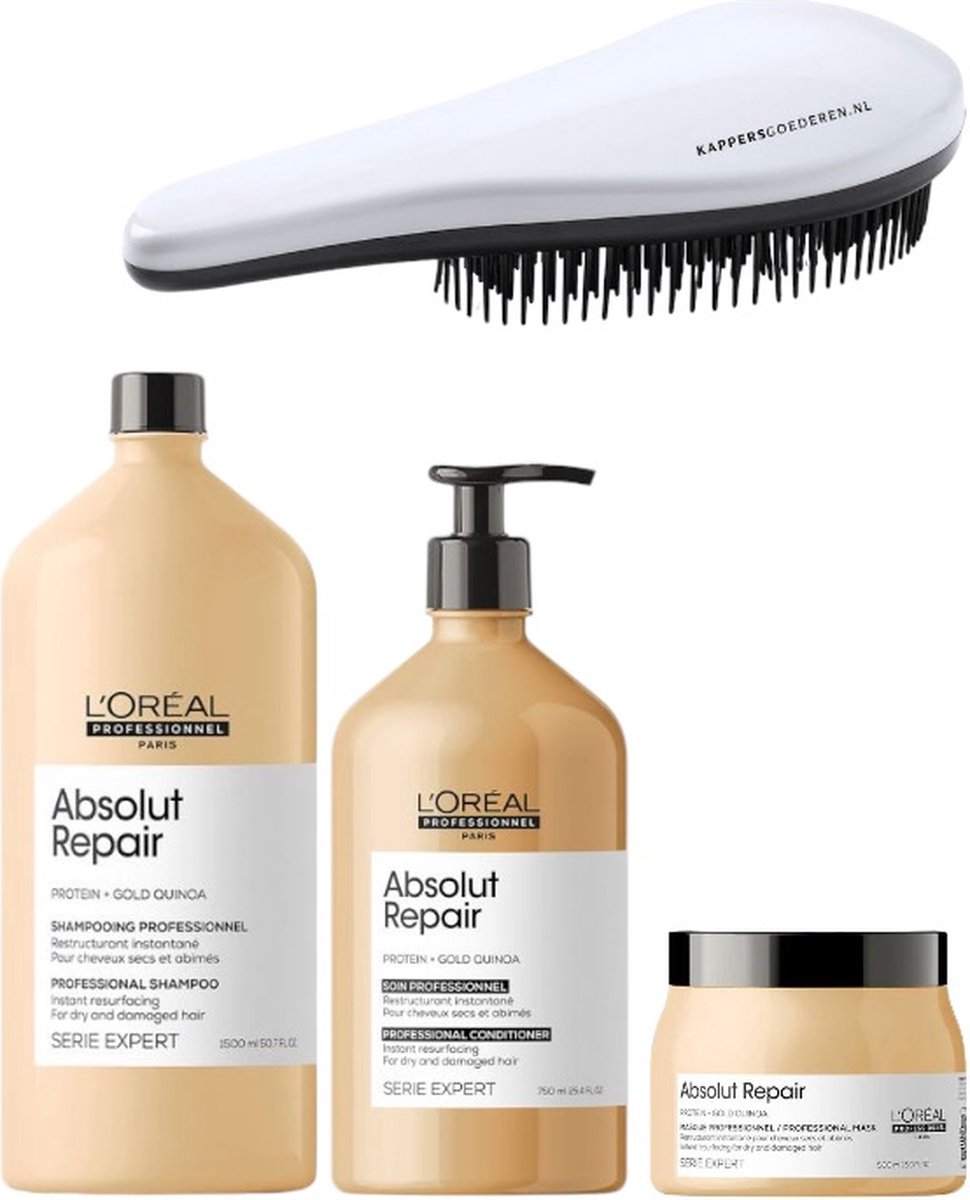 L`Oreal Professionnel - Absolut Repair - Set Groot - Shampoo + Conditioner + Masker + KG Ontwarborstel - 1500 + 750 + 500ML - Beschadigd Haar