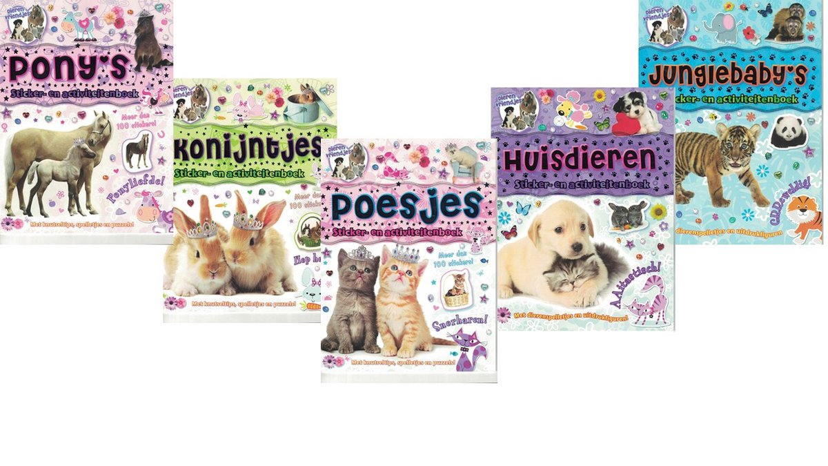 5 Dieren sticker- en activiteitenboeken - Dierenvriendjes - Konijntjes - pony's - Junglebaby's - Poesjes - Huisdieren - pakket van 5 stickerboeken