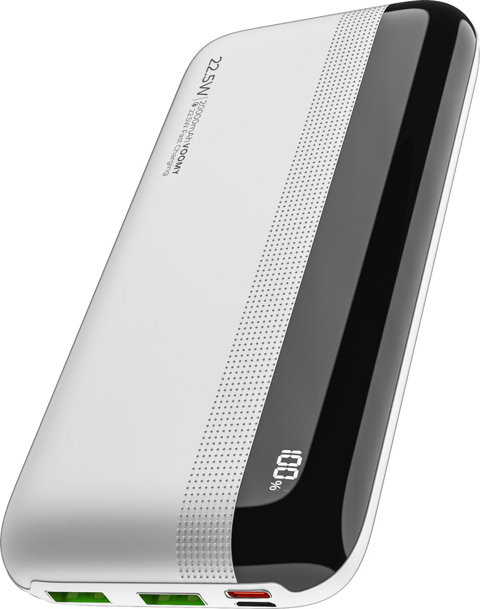 Voomy Powerbank 20.000 mAh - 22.5W Snellader - PD+QC USB C & USB A - Batterij Display - Geschikt voor iPhone 10 11 12 13 14 15 & Samsung S20 S21 S22 S23 S24 - Wit