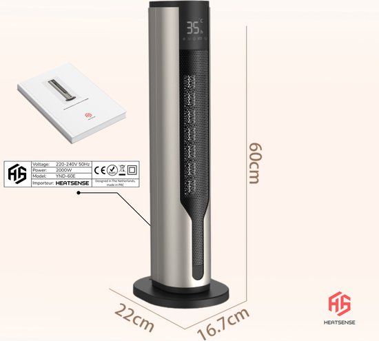 HeatSense® Elektrische Kachel en Ventilator - 2-in-1 Heater - 2000W Ventilatorkachel - Verstelbare Temperatuur - Electrische Keramische Kachel met Stoffilter - Winter en Zomer - Platina Grijs