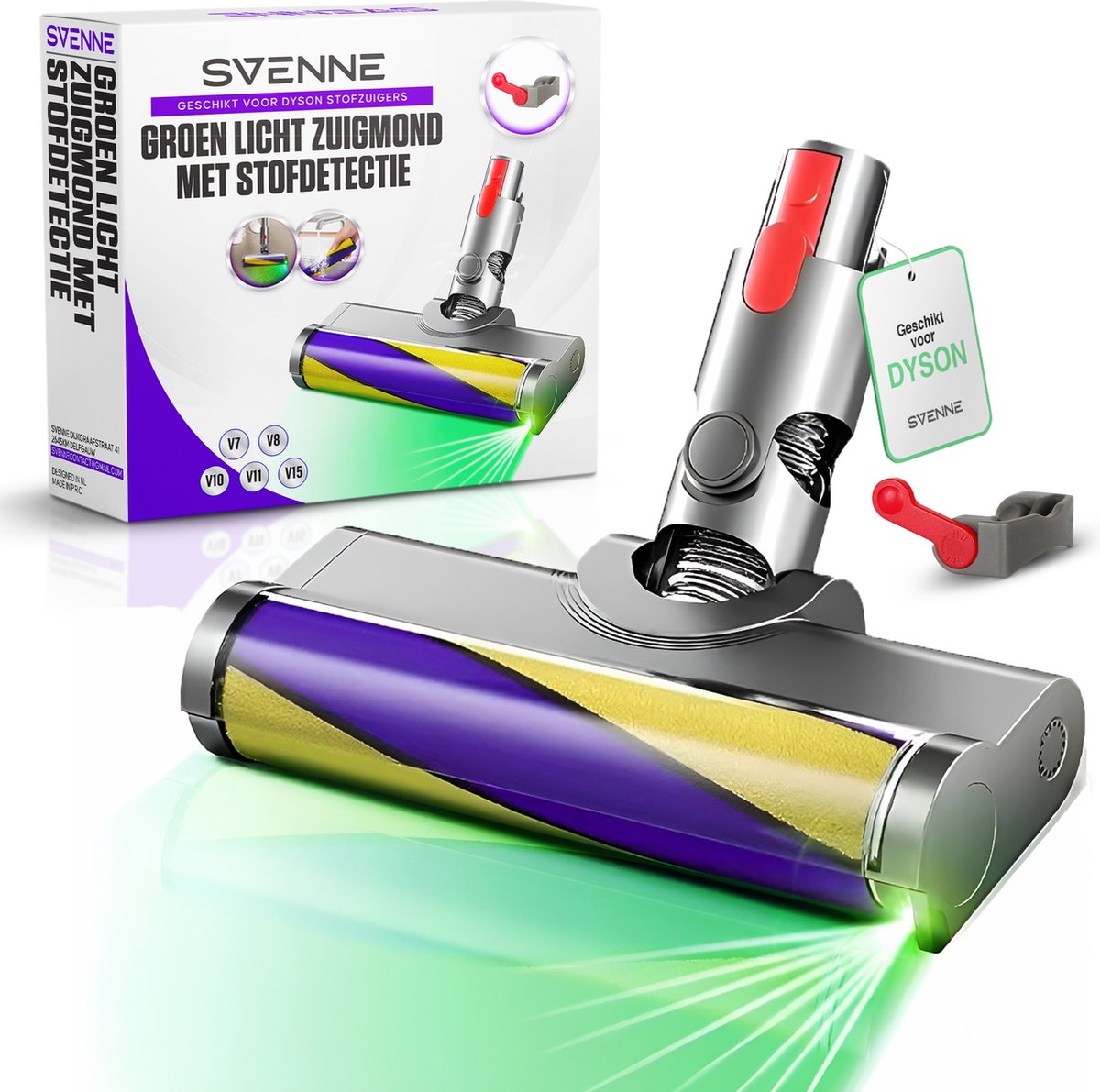 SVENNE® Zuigmond met Groen Licht en Stofdetectie - Geschikt voor Dyson V15 / V11 / V10 / V8 / V7 - Mondstuk met LED Verlichting - Parketborstel Accessoires & Onderdelen voor Steelstofzuiger - Opzetstuk Borstel - Triggerlock - Wasbaar — afbeelding 1