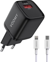 Voomy Snellader 33W + Iphone Lightning Kabel - USB C & USB A - Oplader geschikt voor Apple Iphone 11, 12, 13, 14 & Samsung S20, S21, S22, A53 - Adapter Universeel - Zwart