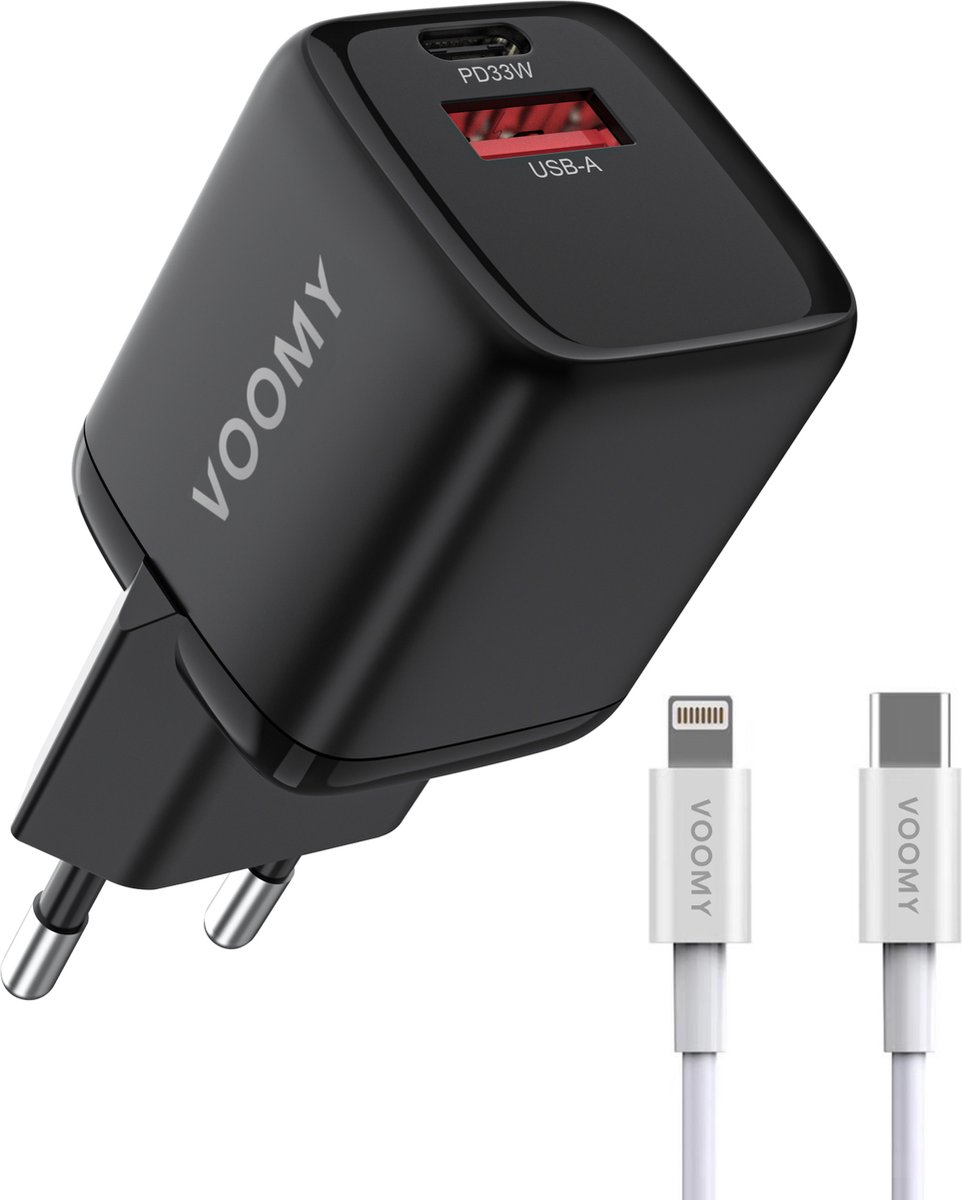 Voomy Snellader 33W + Lightning Kabel - USB C & USB A - Oplader geschikt voor Smartphones & Tablets - Adapter Universeel - Zwart