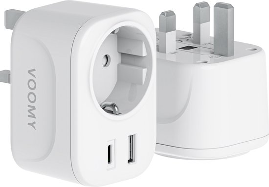 Voomy Reisstekker Engeland/UK - Wereldstekker Type G - USB-C & USB-A - Wit