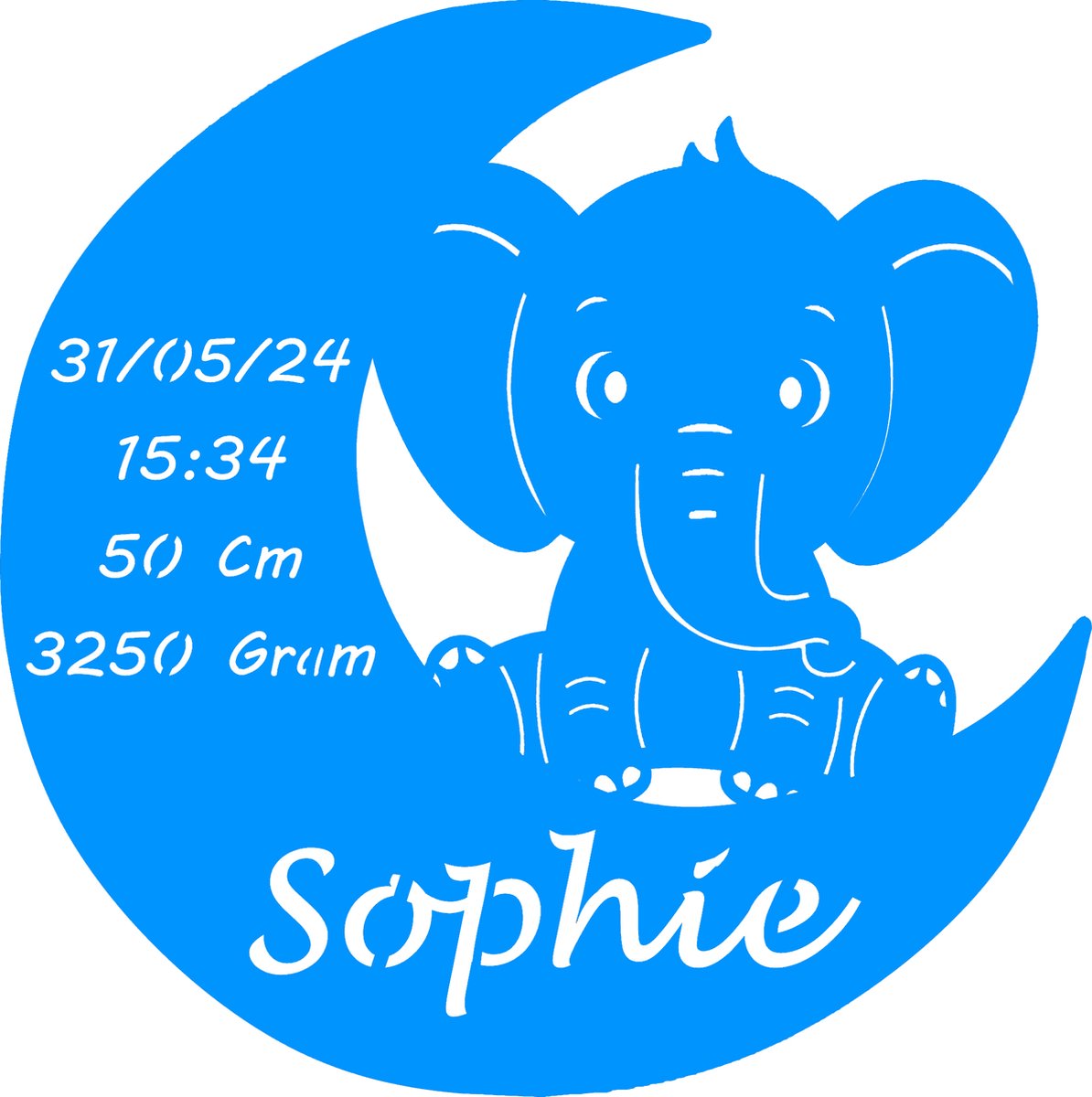 Goedkoopste Gepersonaliseerd Houten Geboortebord met Maan en olifant – Uniek Kraamcadeau met Naam, Geboortedatum, Gewicht en Lengte - 38cm - Blauw