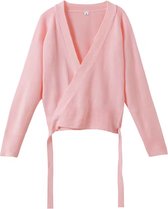 Roze gebreid ballerina wikkelvestje met lange mouwen en striklintjes.