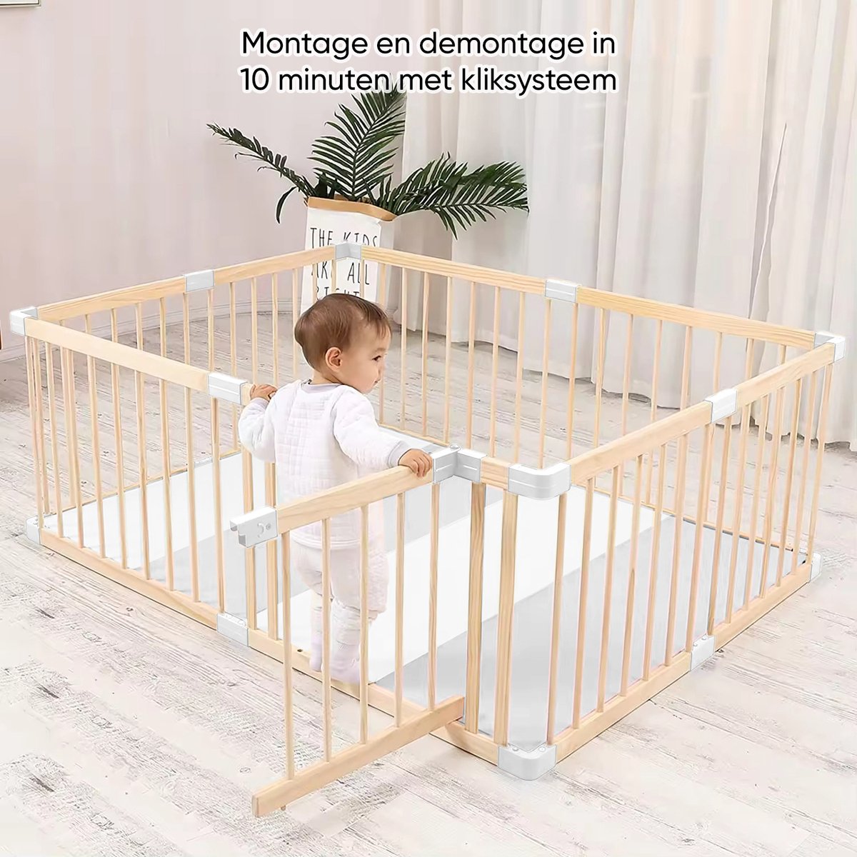 Houten Grondbox Baby & Extra Dikke Speelmat - 140x200 cm - Stabiele, Ongelakte Babybox met Deurtje - Eenvoudige Montage & Demontage (10 min) – foto 8