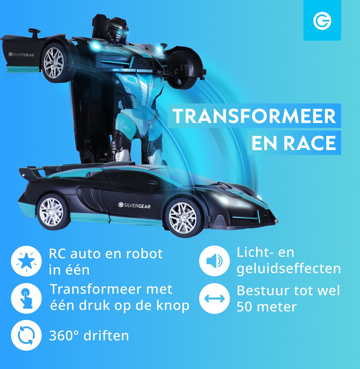 Silvergear RC Auto Robot 2-in-1 - 360° Driften - Radiografisch Bestuurbare Auto - Transformeren - Interactief Speelgoed Autos voor Jongens - Race Auto Afstandbestuurbaar Binnen en Buiten - RC Car Offroad Oplaadbaar - Cadeau - 6, 7, 8, 9+ Jaar - Zwart — afbeelding 2