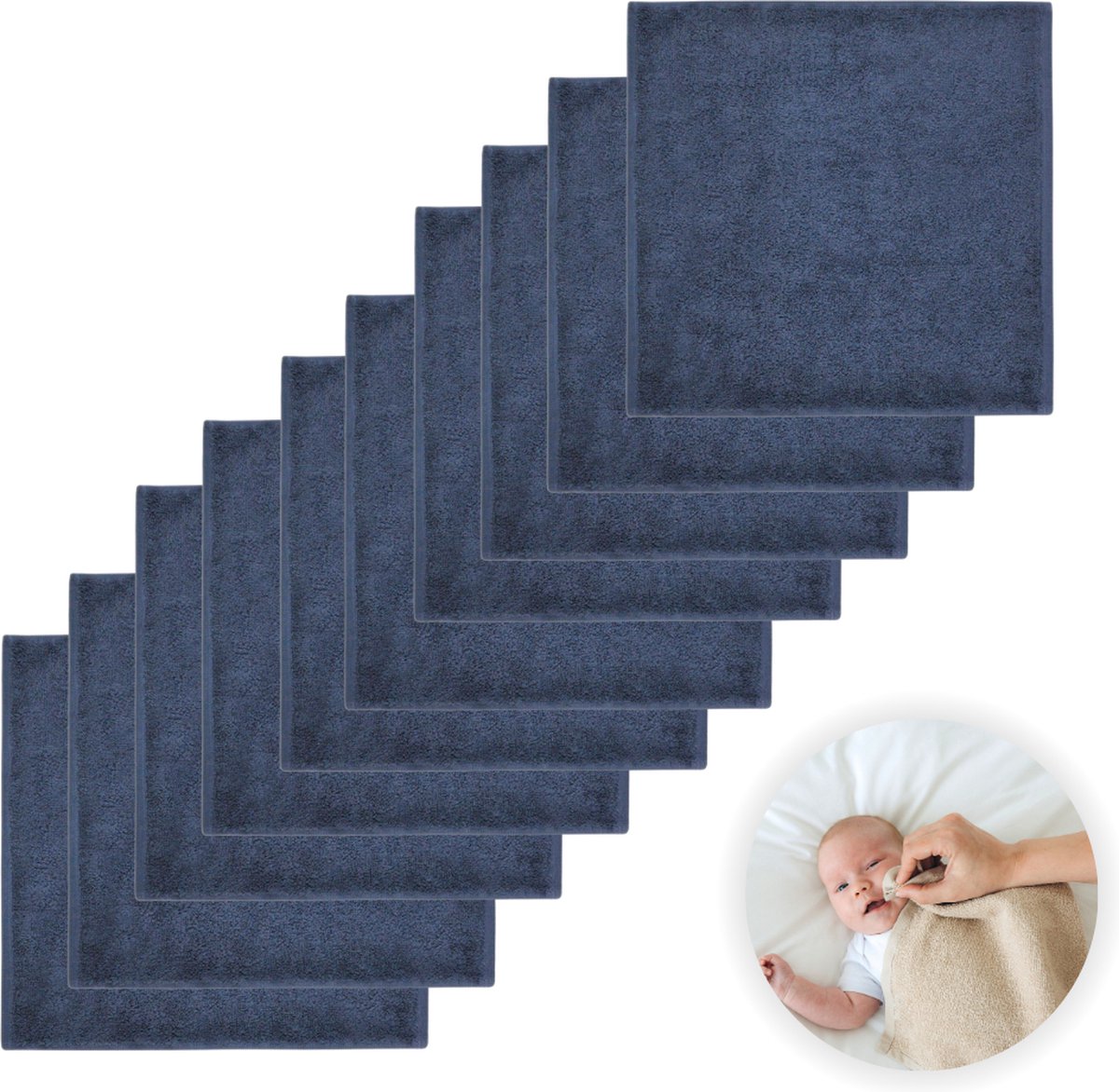 Goedkoopste Funnies Spuugdoekjes 10-Pack Navy Blauw - Set van 10 Zachte Spuugdoeken, Monddoekjes, Kwijldoekjes - 30x30 cm - 100 Katoenen Badstof - Absorberend, Sneldrogend en Zacht - Wasmachinebestendig - Perfect voor Gevoelige Babyhuid bij Voeden en Kwijlen