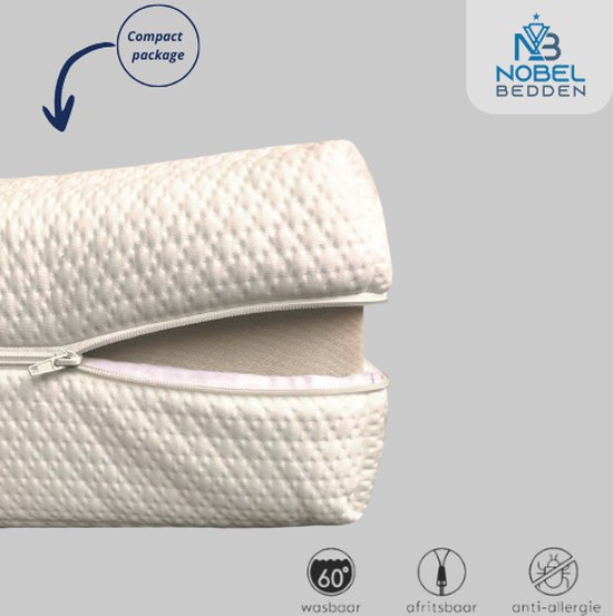 Wit met rits en ruitpatroon. Compacte verpakking, wasbaar op 60 graden, afritsbaar, anti-allergie.