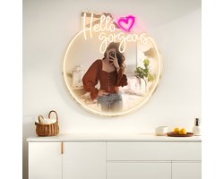foto van Neon Lamp Decoratie Spiegel – Hello Gorgeous – 45 x 45 CM - Dimbaar - USB A – Led Verlichting - Incl. Ophangmateriaal