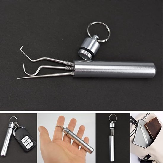 Set de 7 Cure-dents avec étui - Crochet dentaire - Ensemble de dentiste - Acier inoxydable - Ensemble de Soins dentaires - Cure Cure-dents - Argent - 1,6 x 1,6 x 11,6 cm - Soins dentaires
