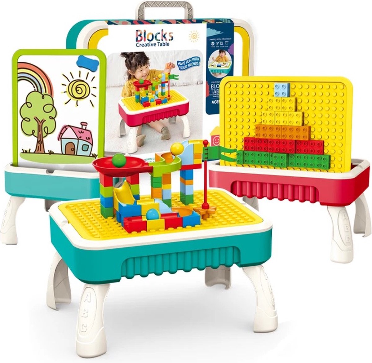 OODBLUE – 3-in-1 Bouwtafel voor Kinderen – 60-delige Blokkenset – Speeltafel met Bouwwand & Tekenbord – Educatief Speelgoed voor Jongens & Meisjes -Draagbare Opbergkoffer