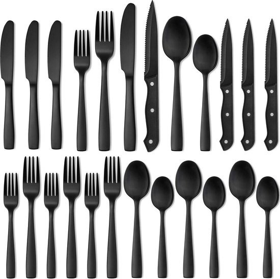 Master Knives 6 Persoons Bestekset (36-delig) - Lepels, Messen, Vorken & Steakmessen - Vaatwasserbestendig - Zwart / RVS