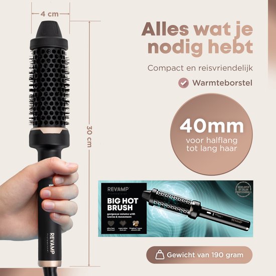 Revamp Keramische Krulborstel 40 mm - Fohnborstel met Ionentechnologie - Warmteborstel - Thermal Brush - Lichtgewicht - Blowout Brush - 3 Meter Salonkabel - Voor Krullen, Golven en Volume - Hitte Borstel - BR1400 - Zwart